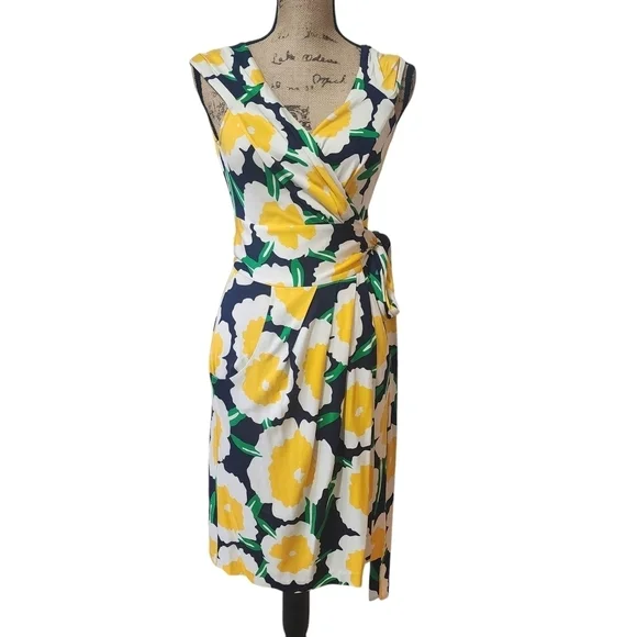 Diane Von Furstenberg Floral Wrap Dress in Yellow and Navy - 6 - Picture 2 of 7